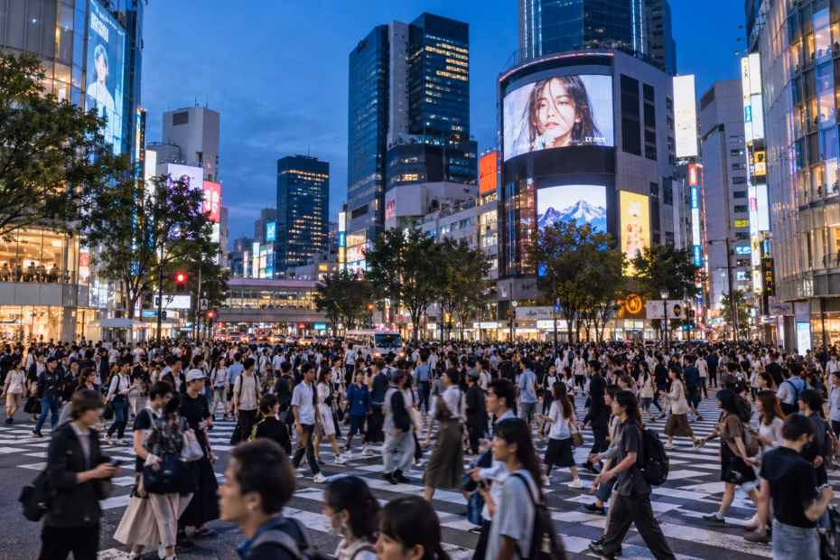 Crowds crossing Shibuya Scramble Crossing beneath illuminated buildings at dusk