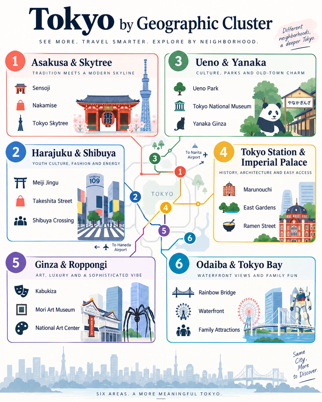 Tokyo geographic clusters showing six practical sightseeing areas and their key attractions